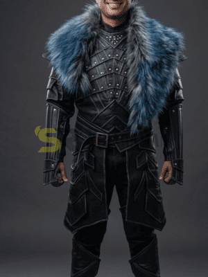 Handcrafted Black Leather Armor with Teal Fur Mantle – Warrior Costume Set