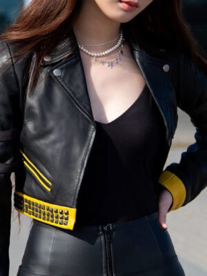 Siyaraman Womens Genuine Leather Cropped Biker Jacket Studded Moto Punk Buckle Sleeve