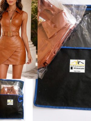Siyaraman Women Sheepskin Leather Mini Dress Sleeveless Zip Front Belted Cognac Party Dress